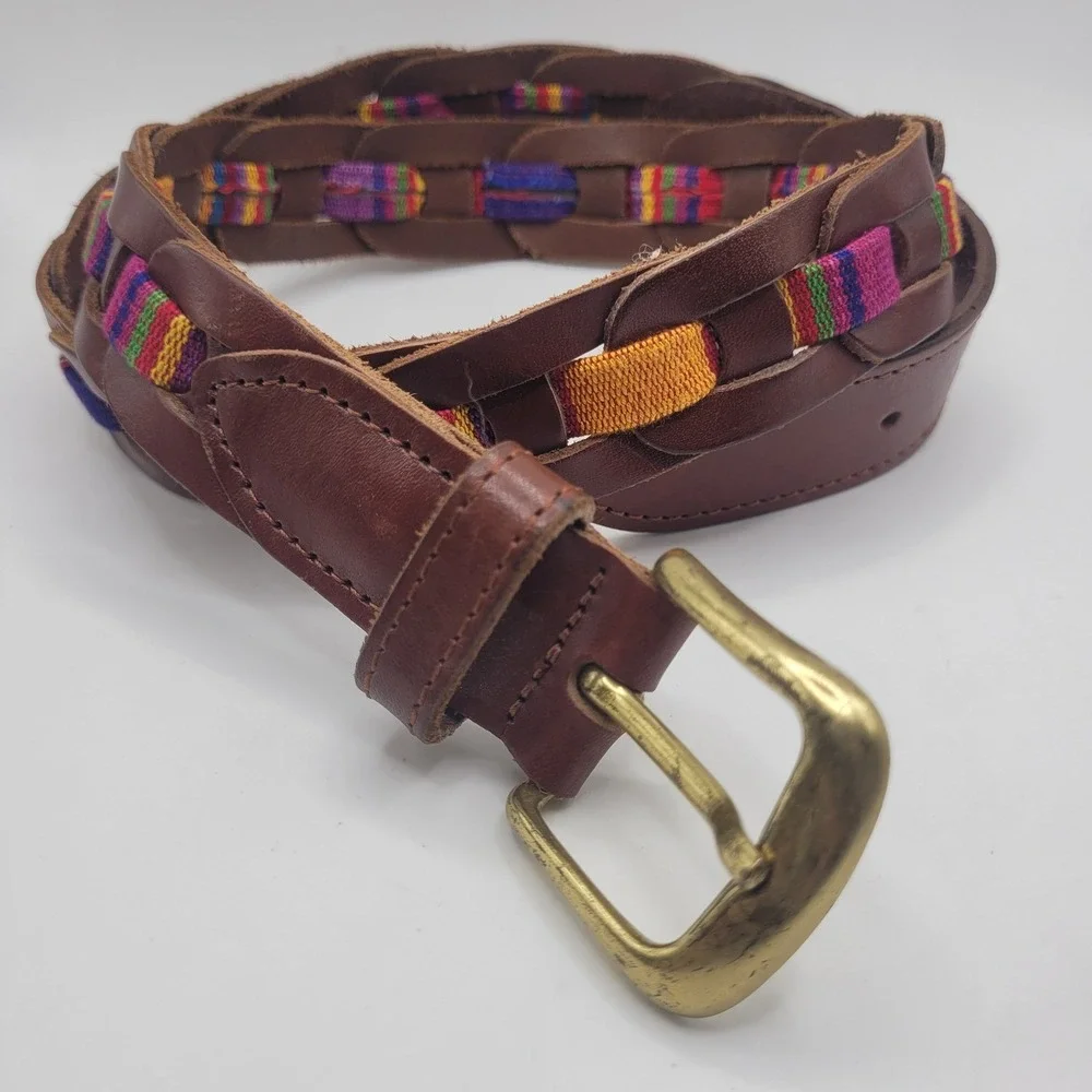 Brown Leather Belt Lg Woven Colorful Fabric Boho Folk Artisan Ethnic Guatemala